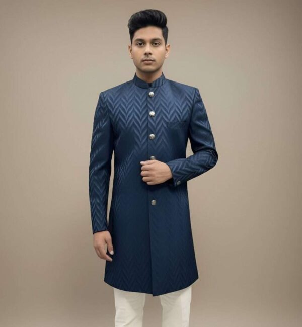 Navy Blue Chevron Brocade Indo-Western