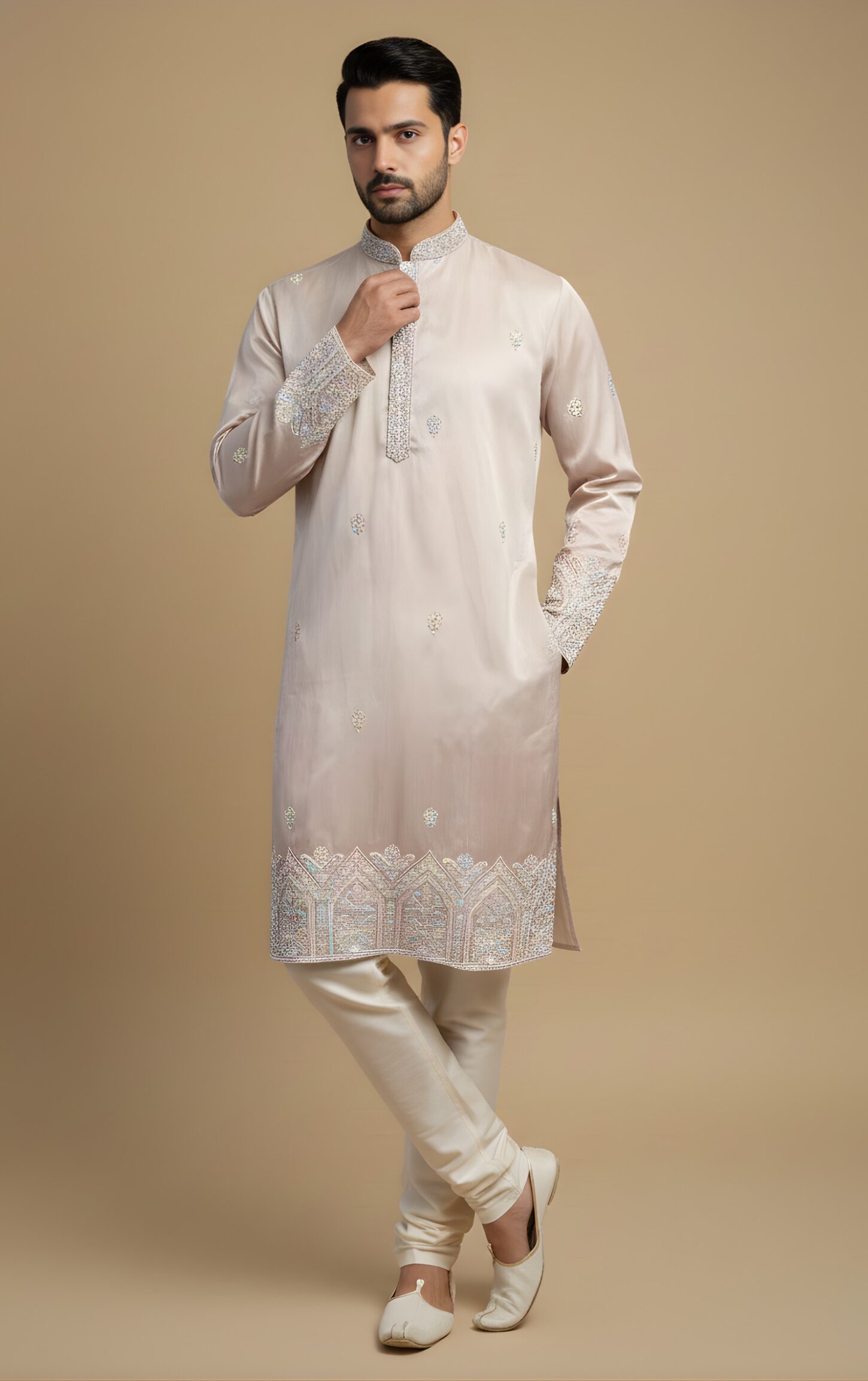 Elegant Beige Embroidered Silk Kurta - Image 3