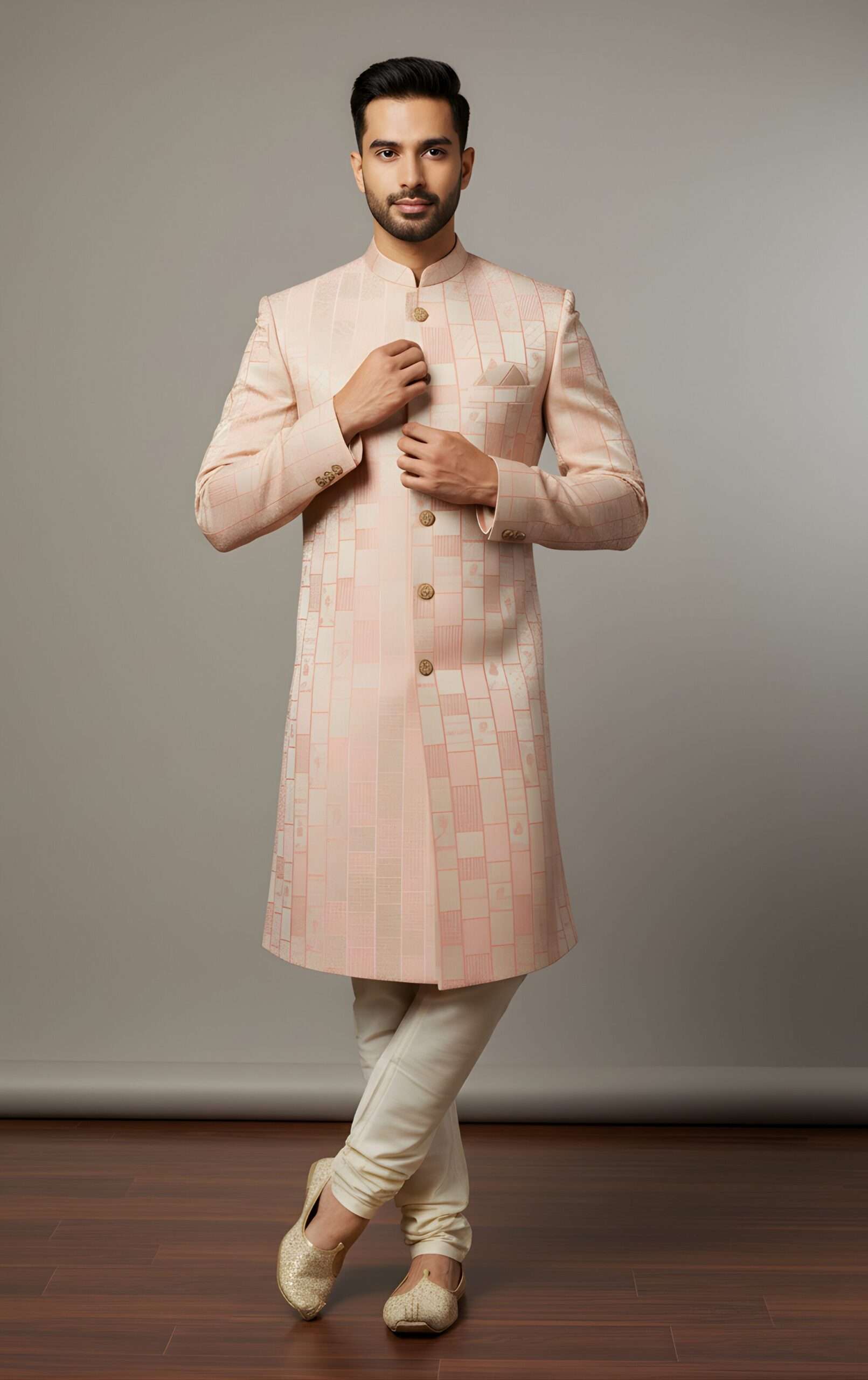 Light Peach Geometric Brocade Indo-Western - Image 3