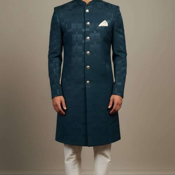 Dark TealPetrol Blue Checkerboard Pattern Sherwani