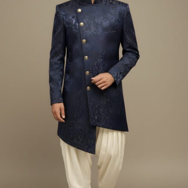 Navy Blue Asymmetrical Brocade Indo-Western