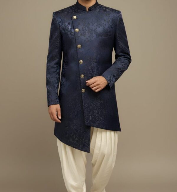 Navy Blue Asymmetrical Brocade Indo-Western