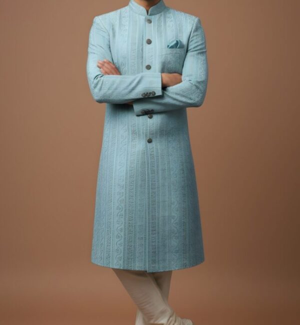 Sky Blue Brocade Thread Embroidery Indo-Western