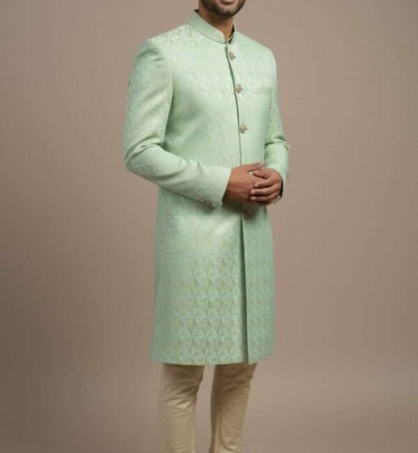 Pista Green Brocade Japanese Print Indo-Western