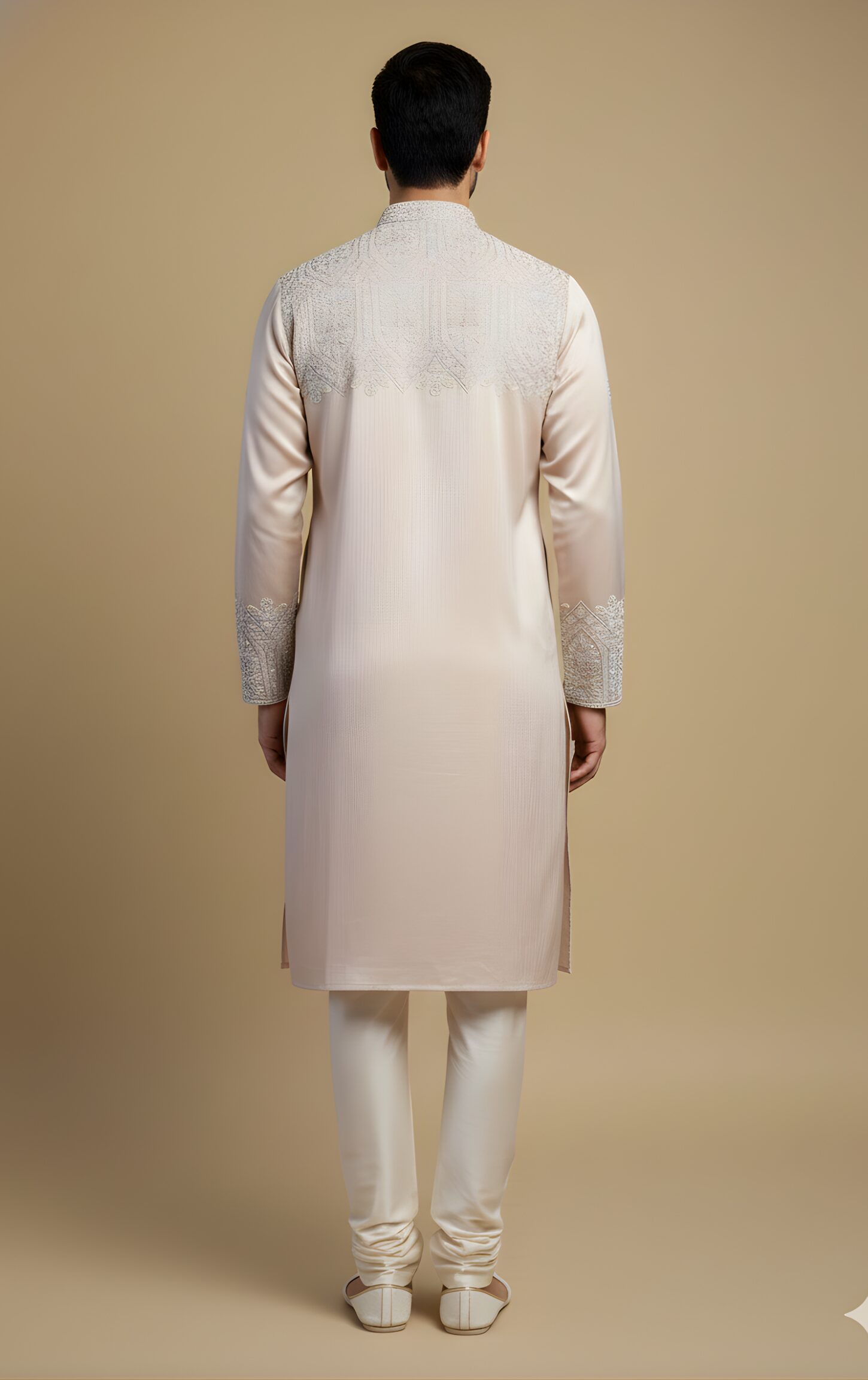 Elegant Beige Embroidered Silk Kurta - Image 4