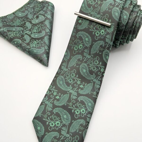 Dark Grey and Mint Green Paisley Tie Set