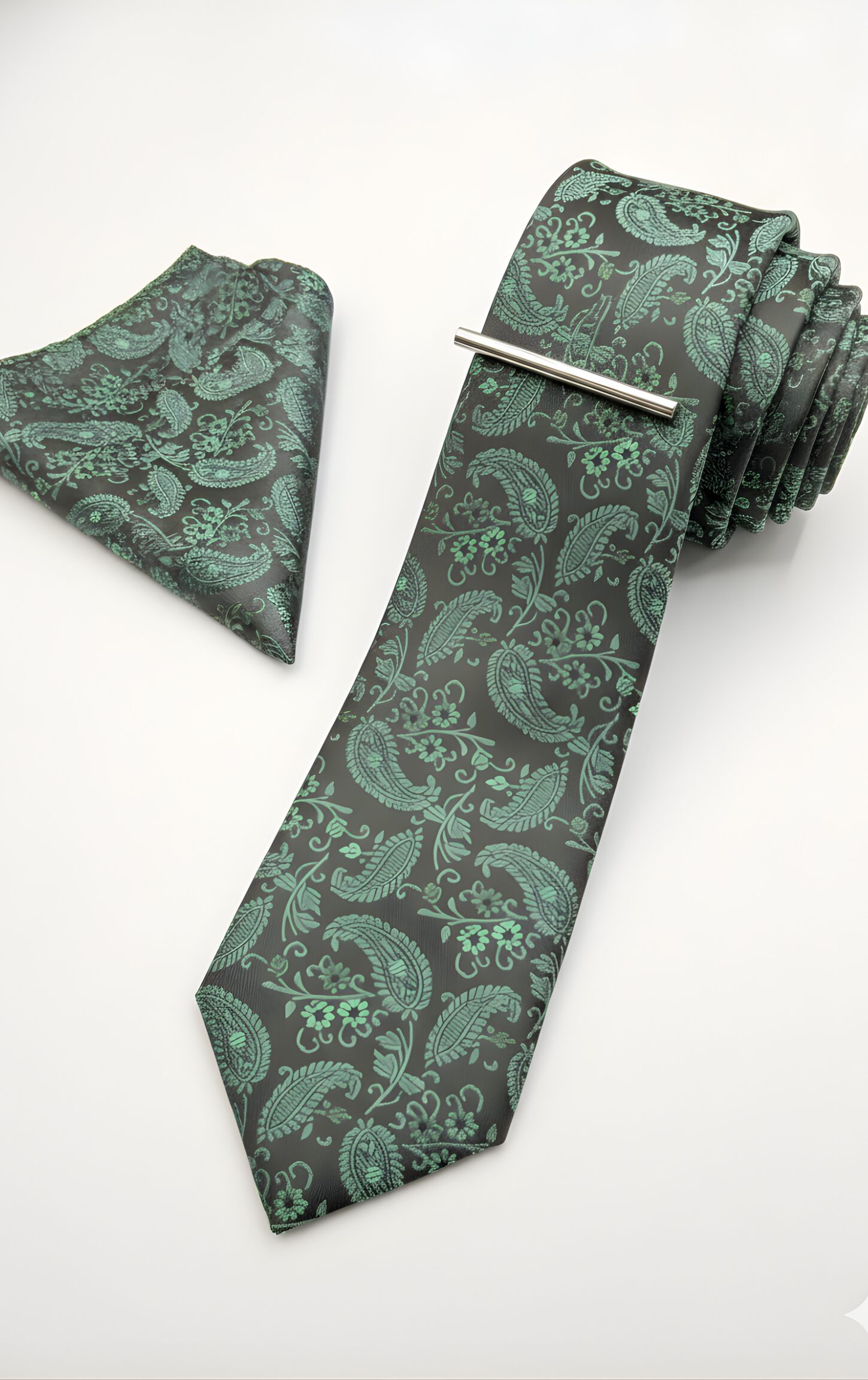 Dark Grey and Mint Green Paisley Tie Set