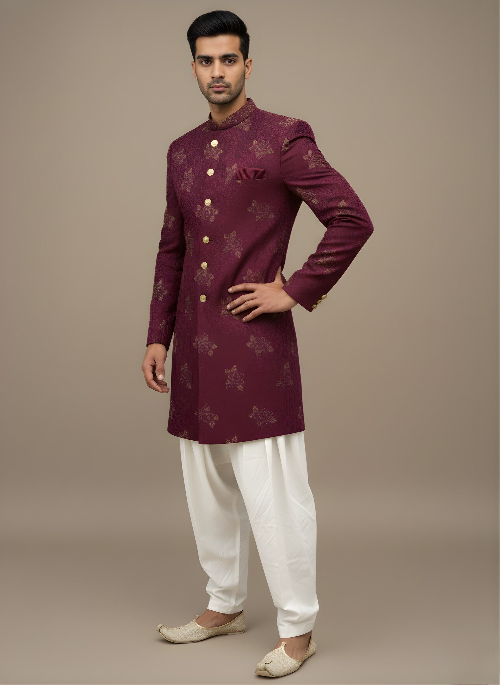 Royal Wine Red Gold Foil Print Indo-Western Set - Image 4