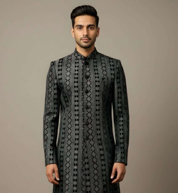 Charcoal Velvet Sequins Thread Indo-Western