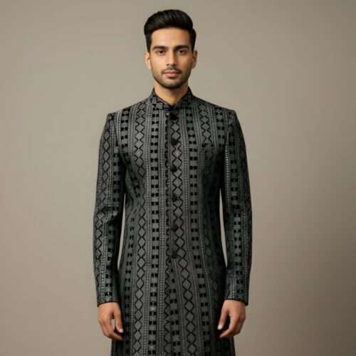 Charcoal Velvet Sequins Thread Indo-Western