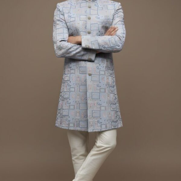 Light Blue Heavy Brocade Thread Embroidery Indo-Western