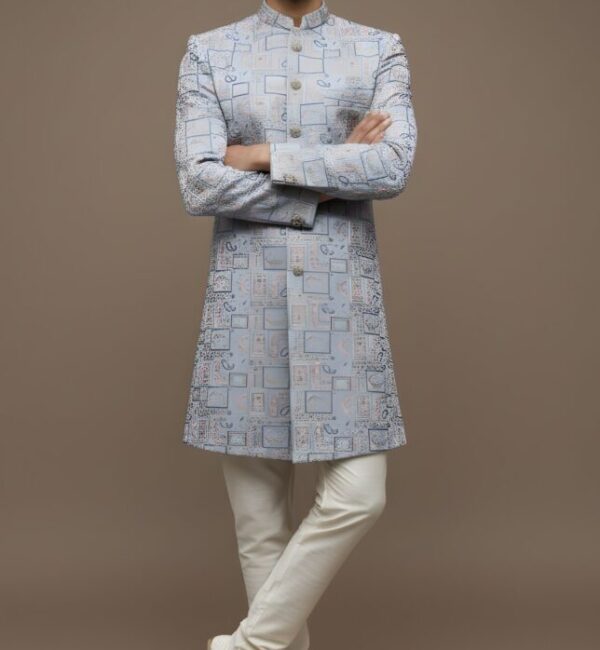 Light Blue Heavy Brocade Thread Embroidery Indo-Western