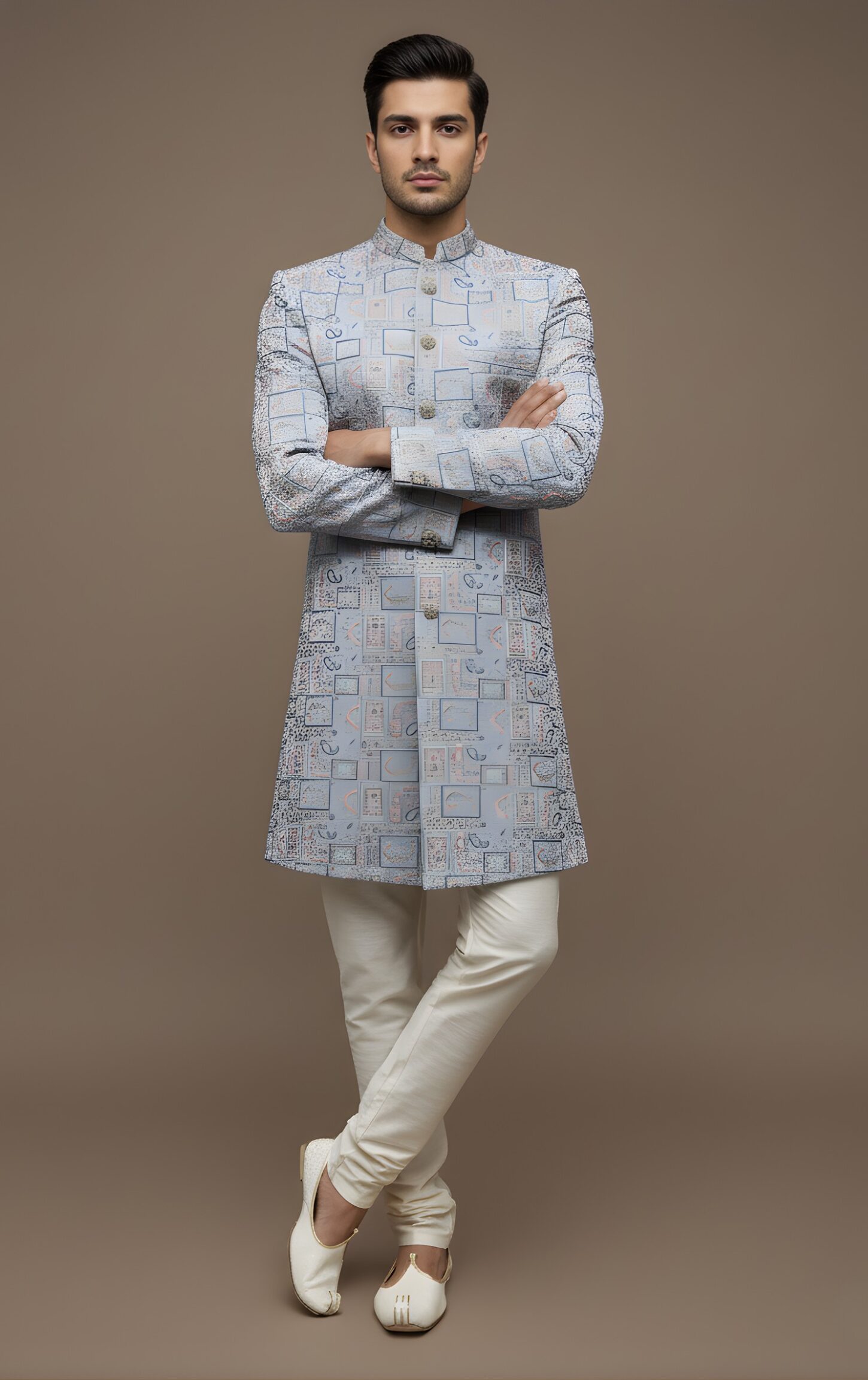 Light Blue Heavy Brocade Thread Embroidery Indo-Western - Image 2