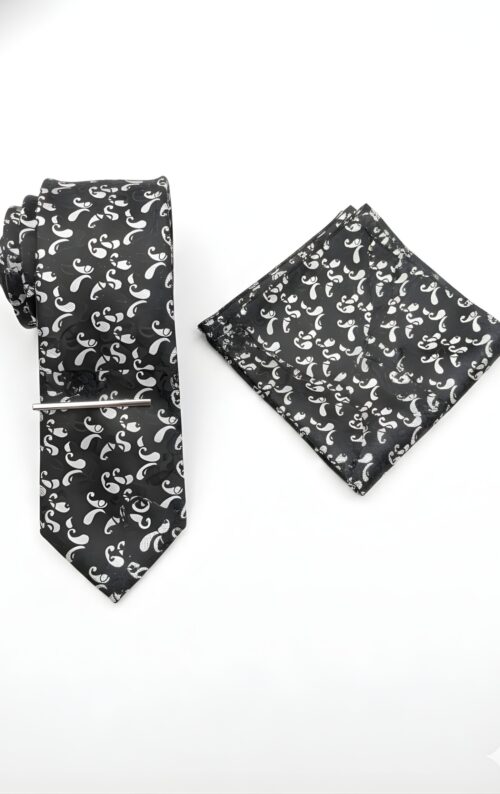 Elegant Black & Silver Paisley Tie Set
