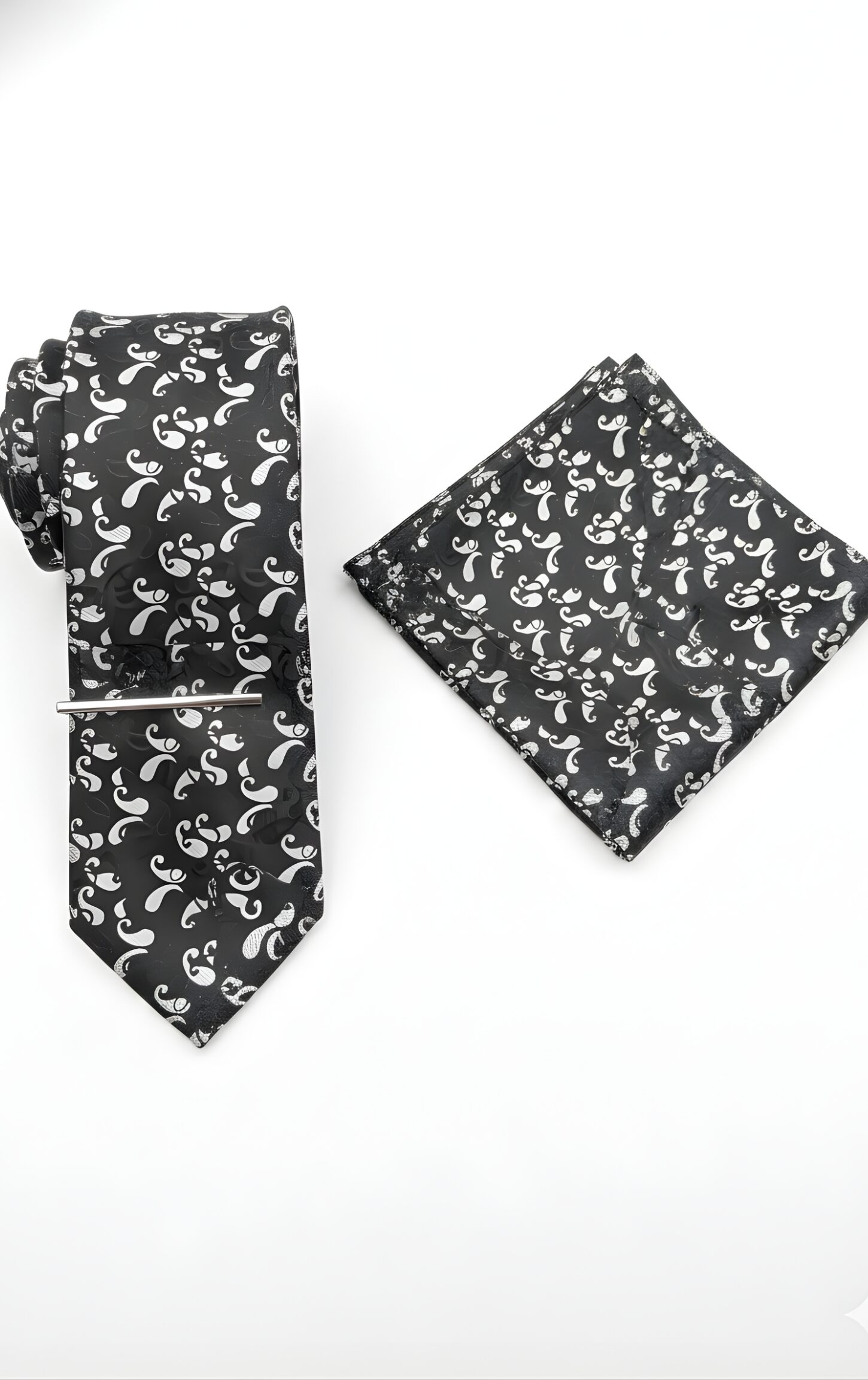 Elegant Black & Silver Paisley Tie Set