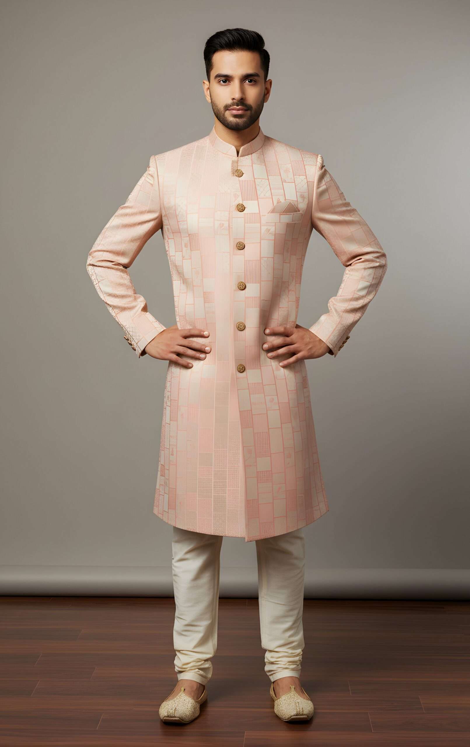Light Peach Geometric Brocade Indo-Western - Image 4
