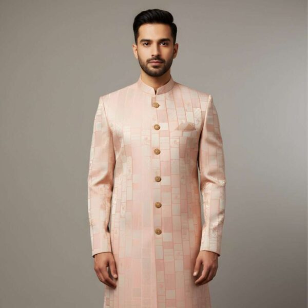 Light Peach Geometric Brocade Indo-Western