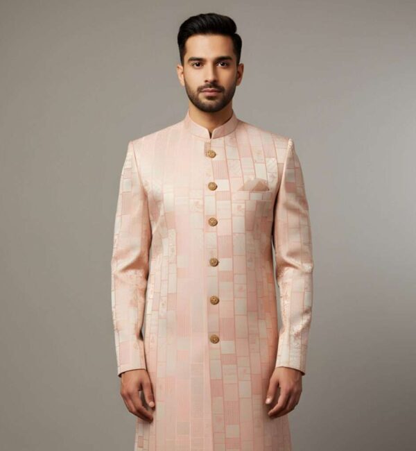 Light Peach Geometric Brocade Indo-Western