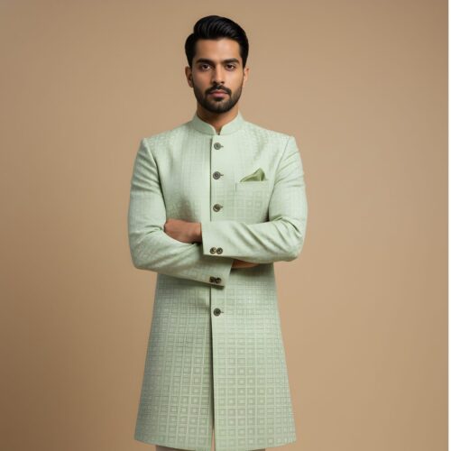 Elegant Pastel Green Geometric Indo-Western Sherwani Set
