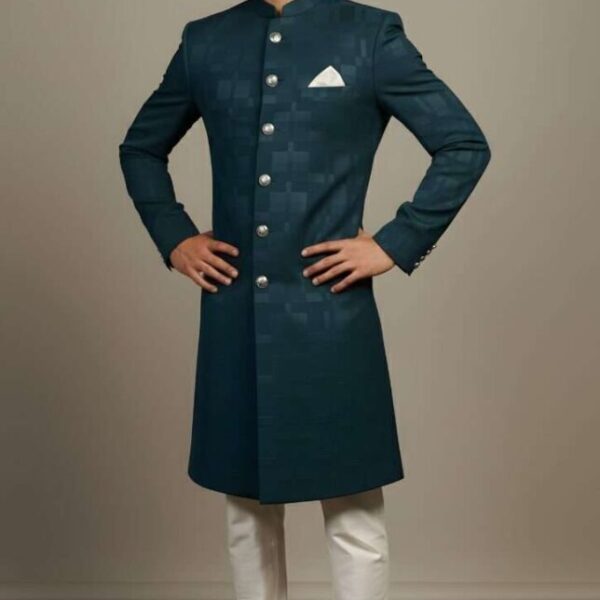 Deep Teal Japanese Self-Print Indo-Western