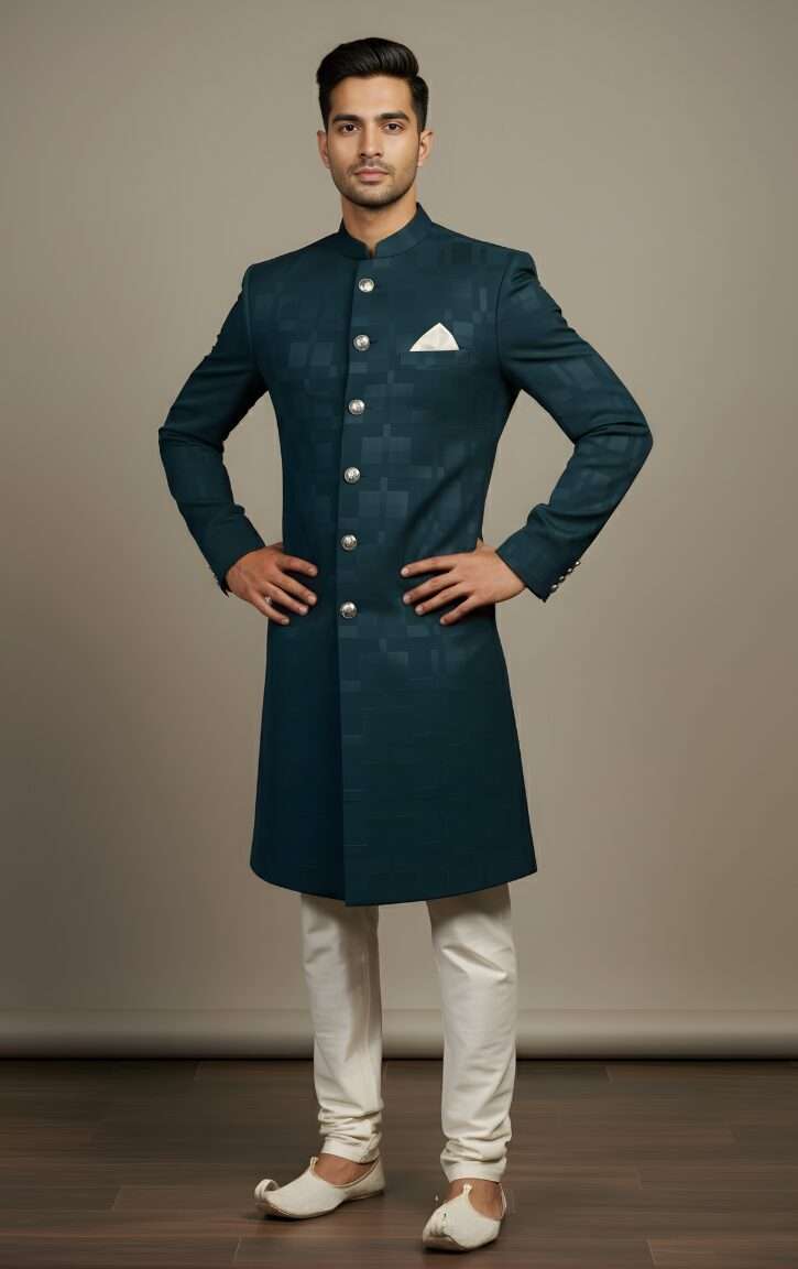 Deep Teal Japanese Self-Print Indo-Western - Image 2