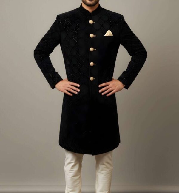 Premium Lavender Grey Geometric Textured Indo-Western Set