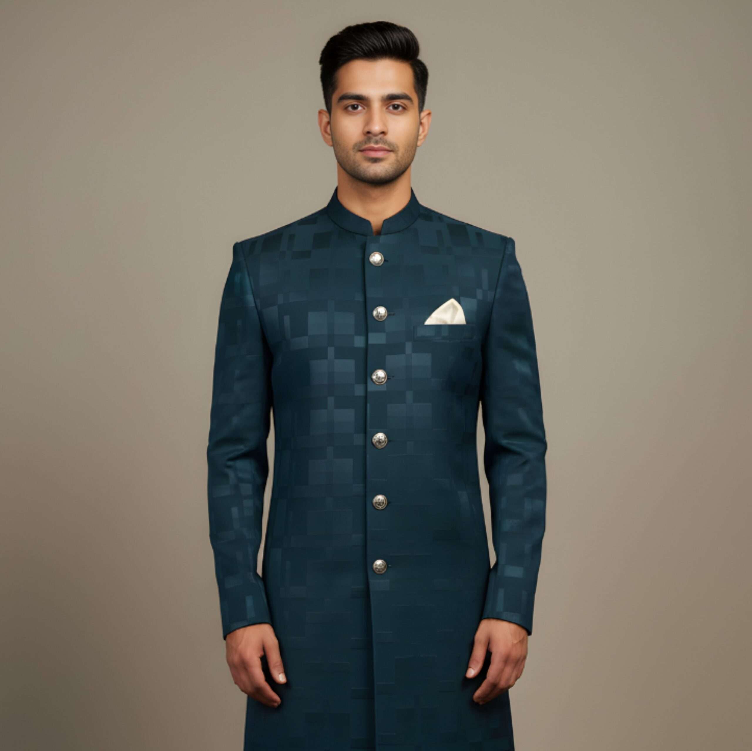 Deep Teal Japanese Self-Print Indo-Western