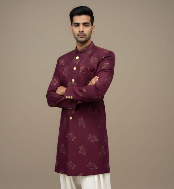 Royal Wine Red Gold Foil Print Indo-Western Set