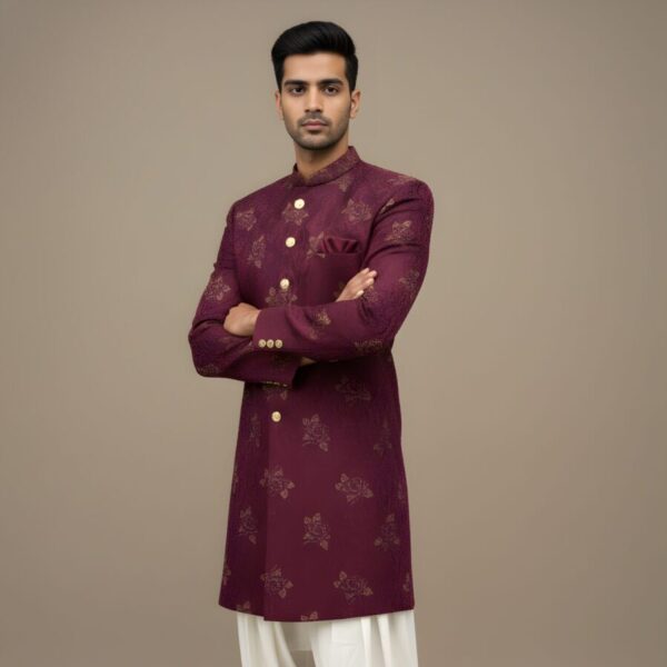 Royal Wine Red Gold Foil Print Indo-Western Set