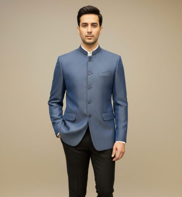 Blue Printed Bandhgala Blazer
