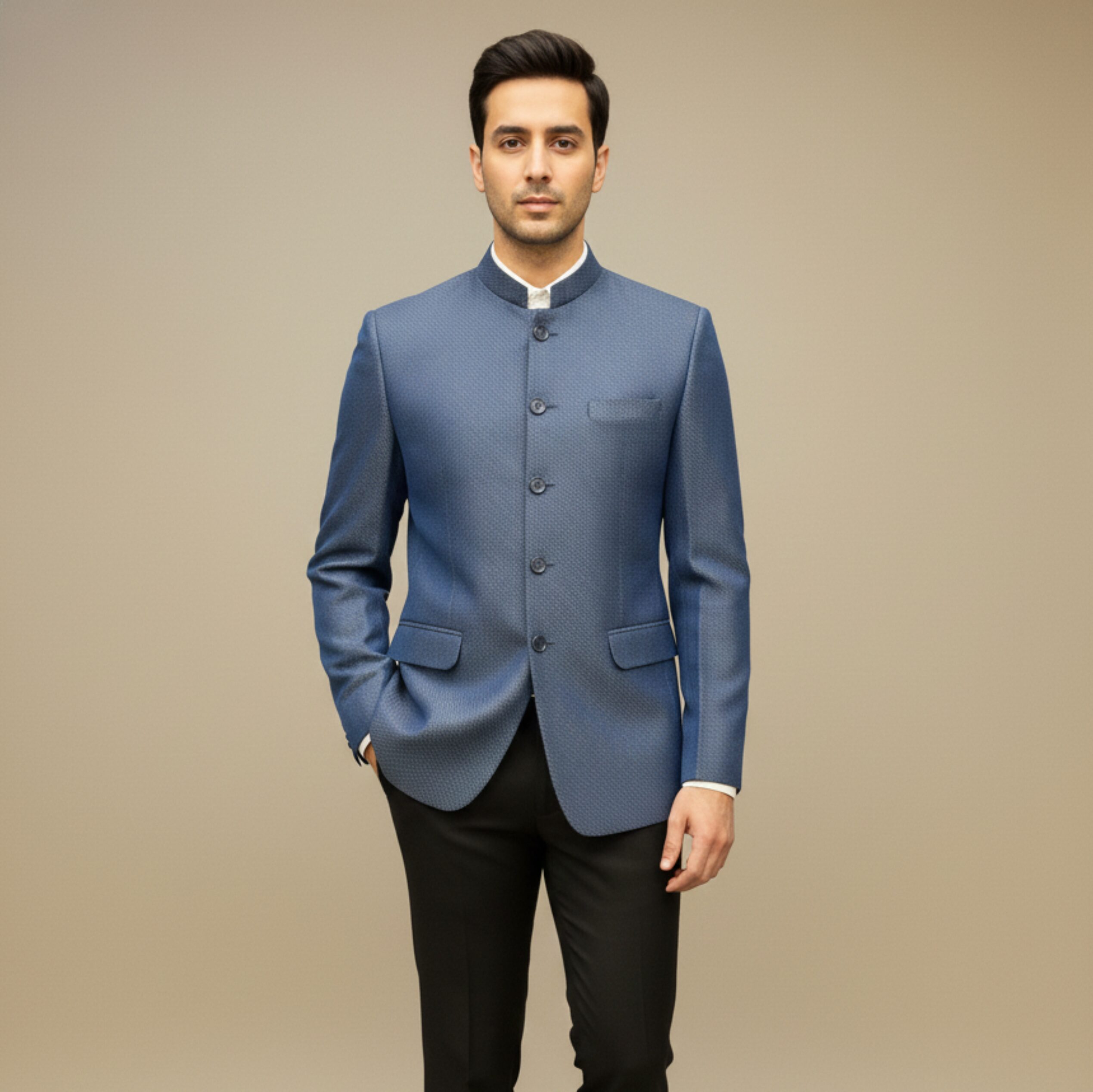 Blue Printed Bandhgala Blazer