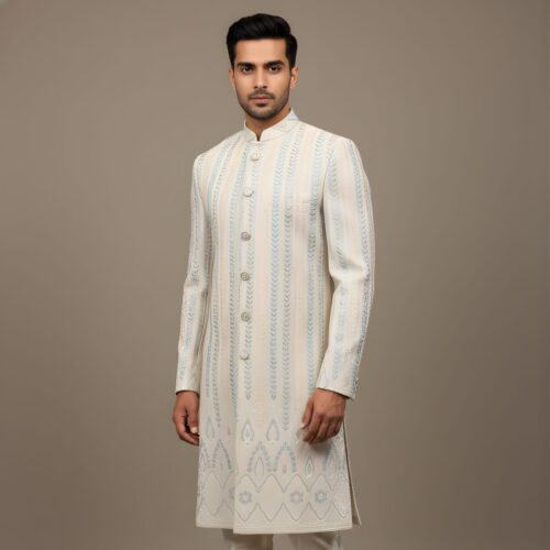 Designer Cream & Blue Thread Work Indo-Western Set