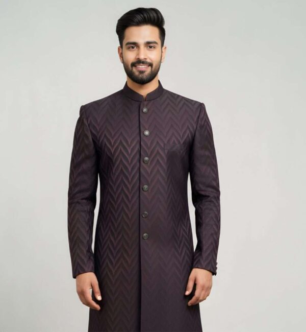 Deep Maroon Chevron Brocade Indo-Western