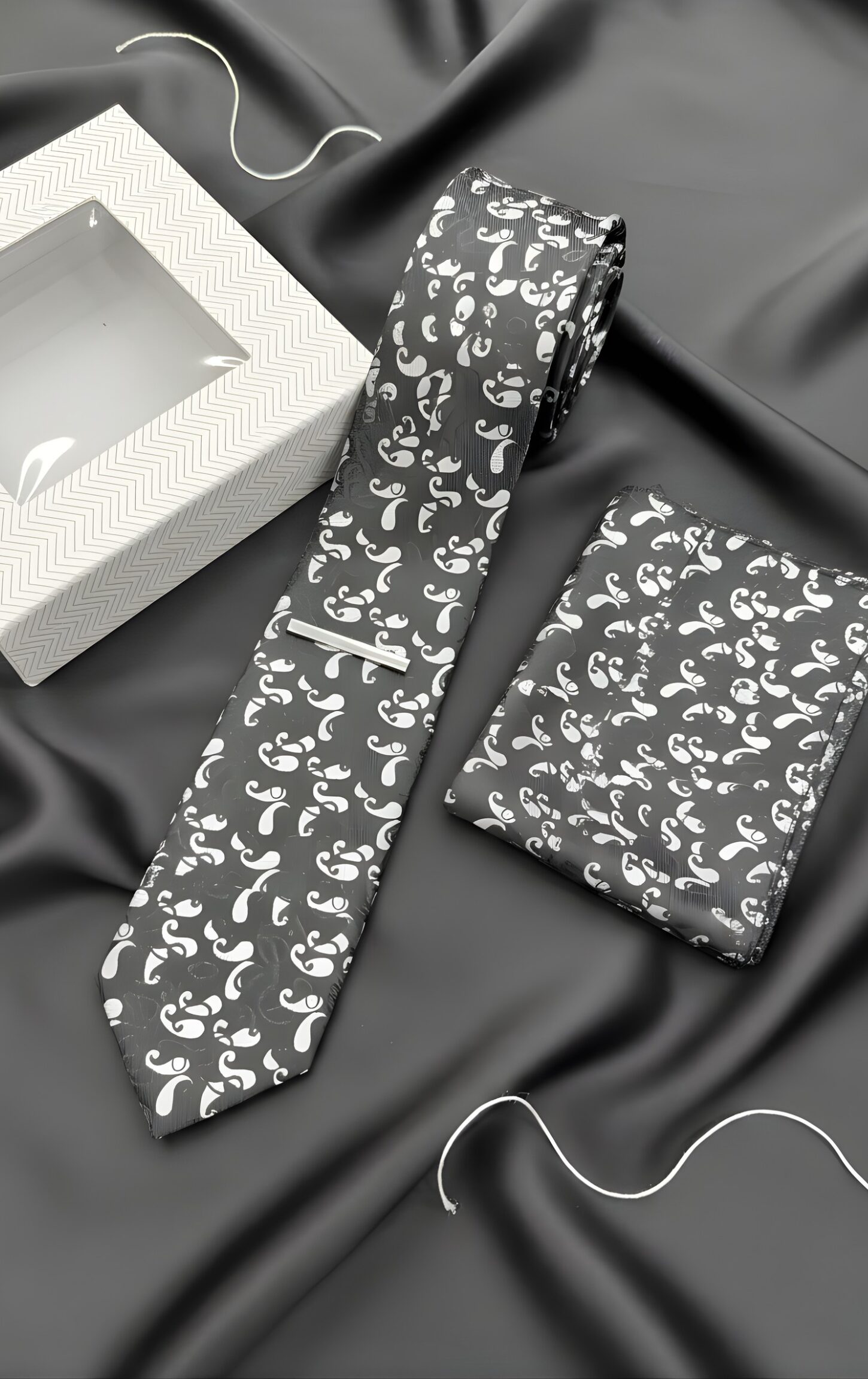 Elegant Black & Silver Paisley Tie Set - Image 4