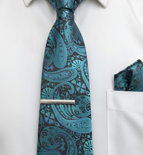Teal and Black Paisley Tie Set