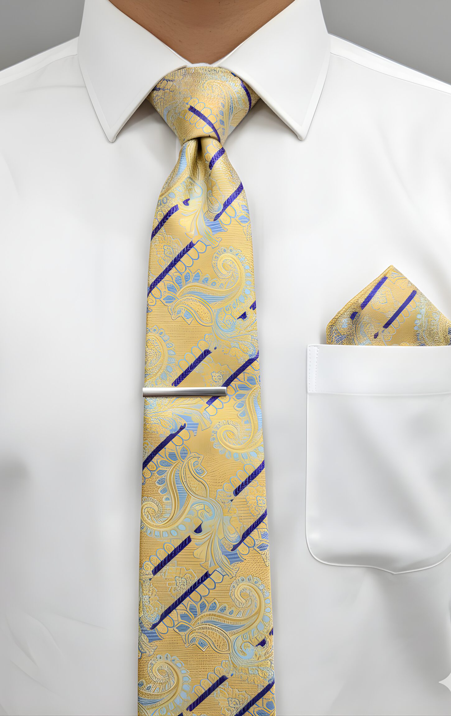 Gold Paisley and Blue Stripe Tie Set - Image 2
