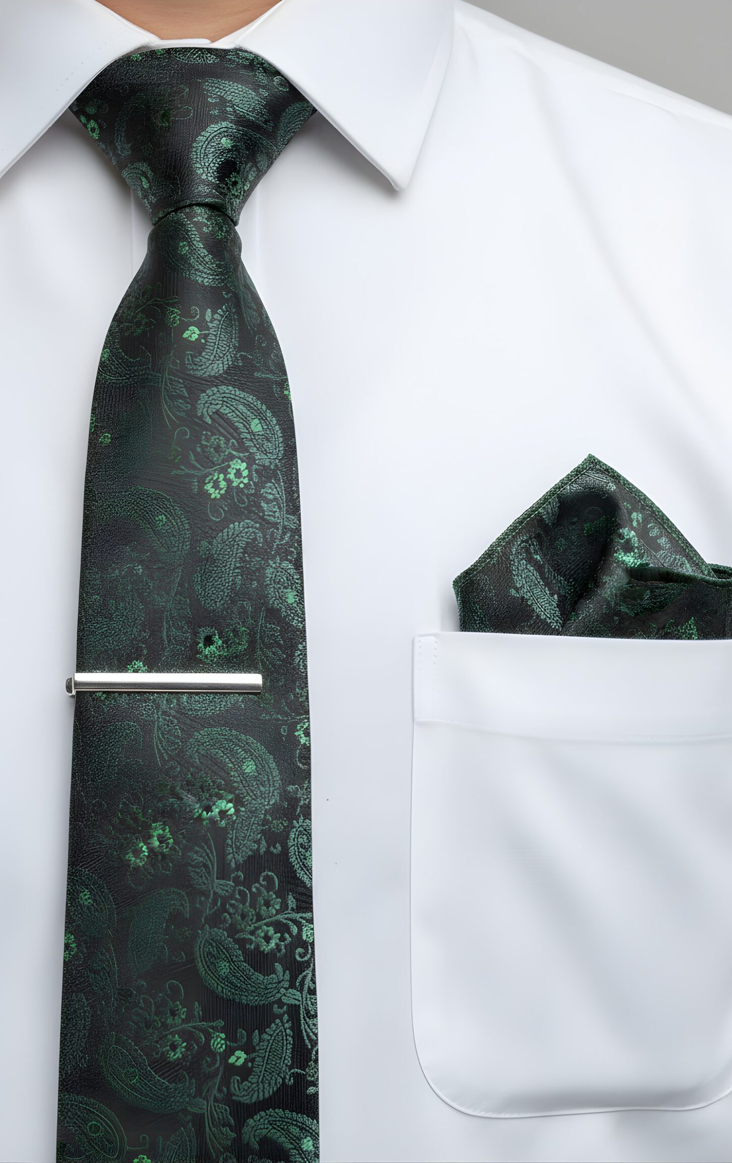 Dark Grey and Mint Green Paisley Tie Set - Image 2