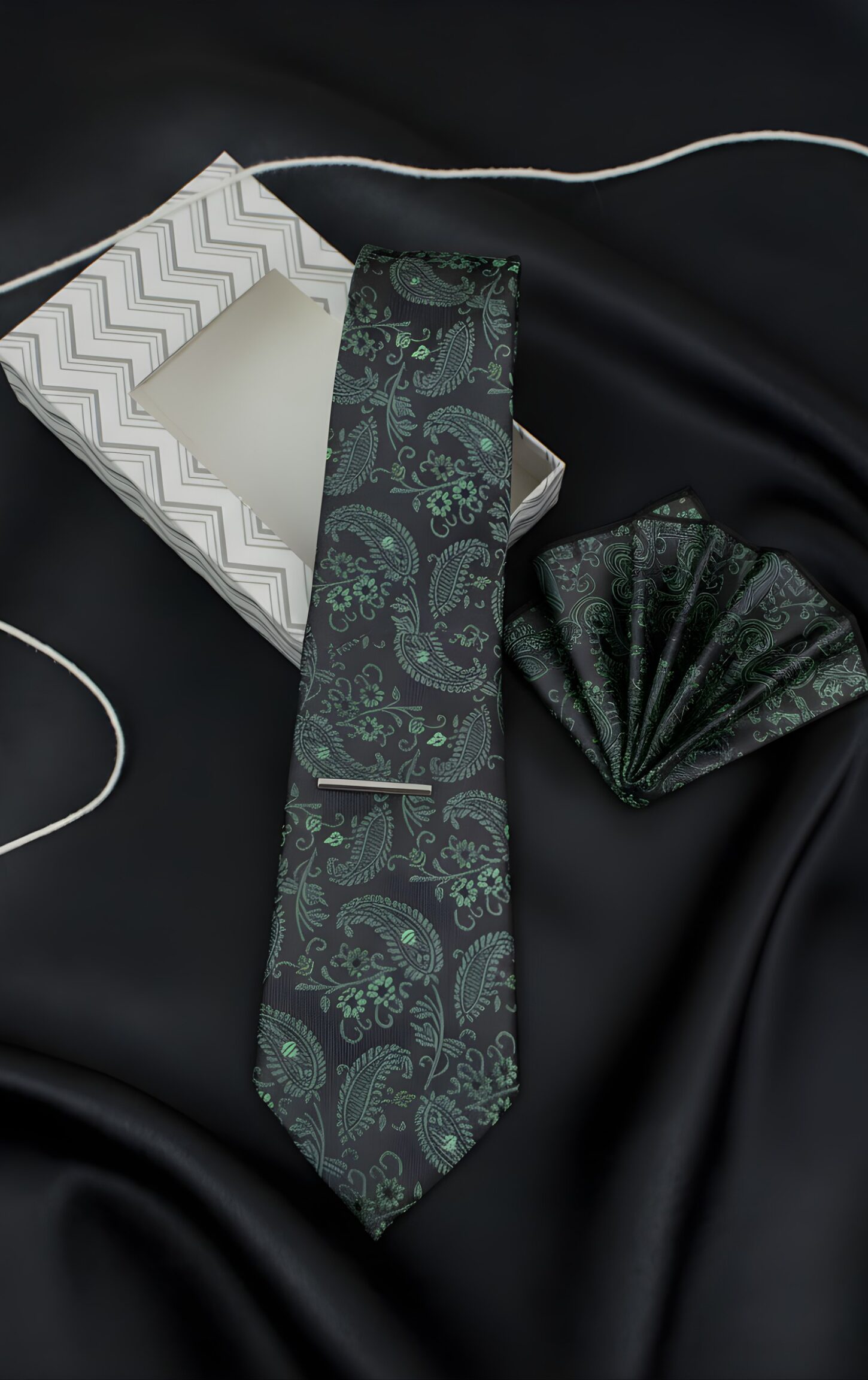 Dark Grey and Mint Green Paisley Tie Set - Image 3