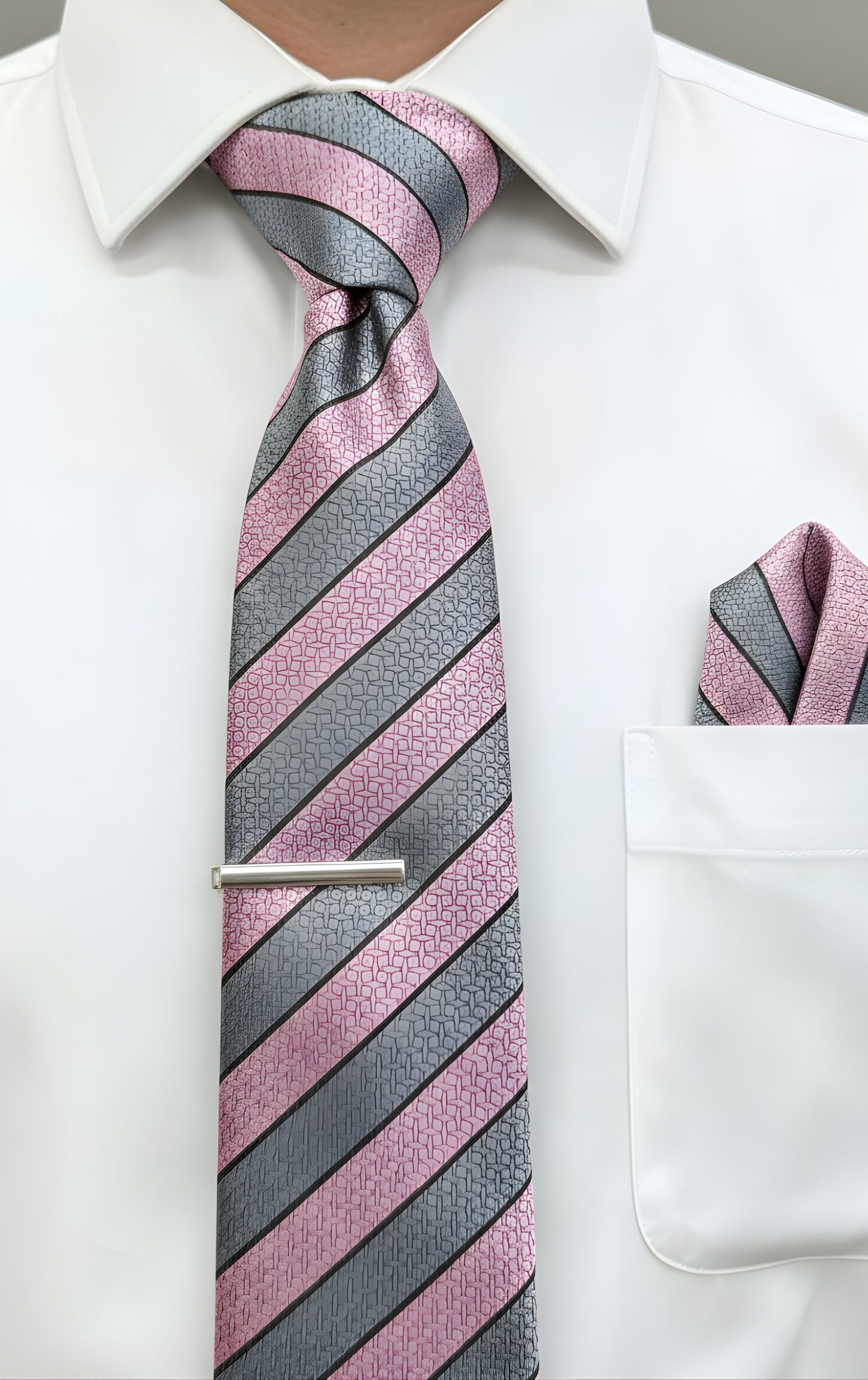 Rose Pink and Grey Stripe Tie Set - Image 2