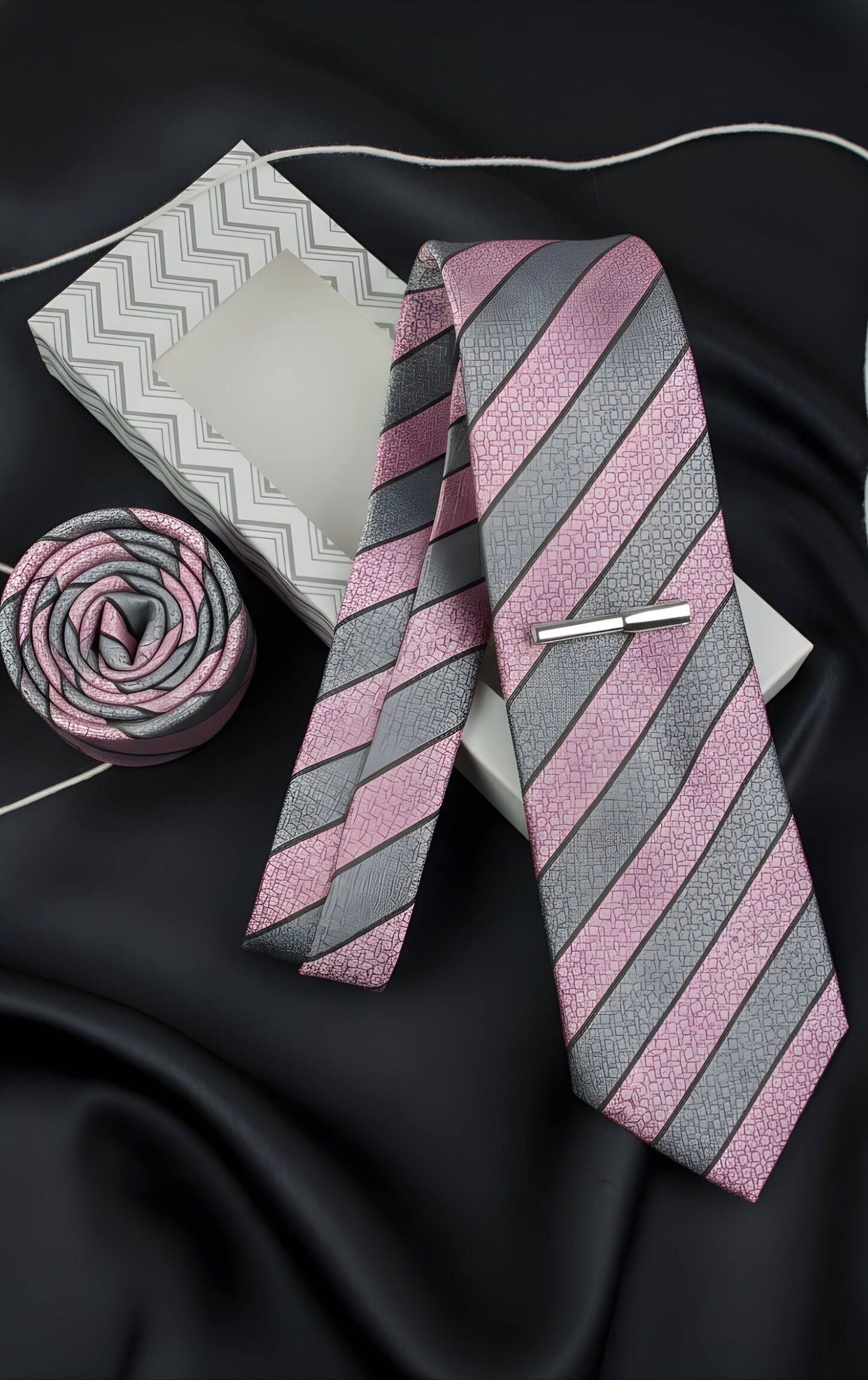 Rose Pink and Grey Stripe Tie Set - Image 4