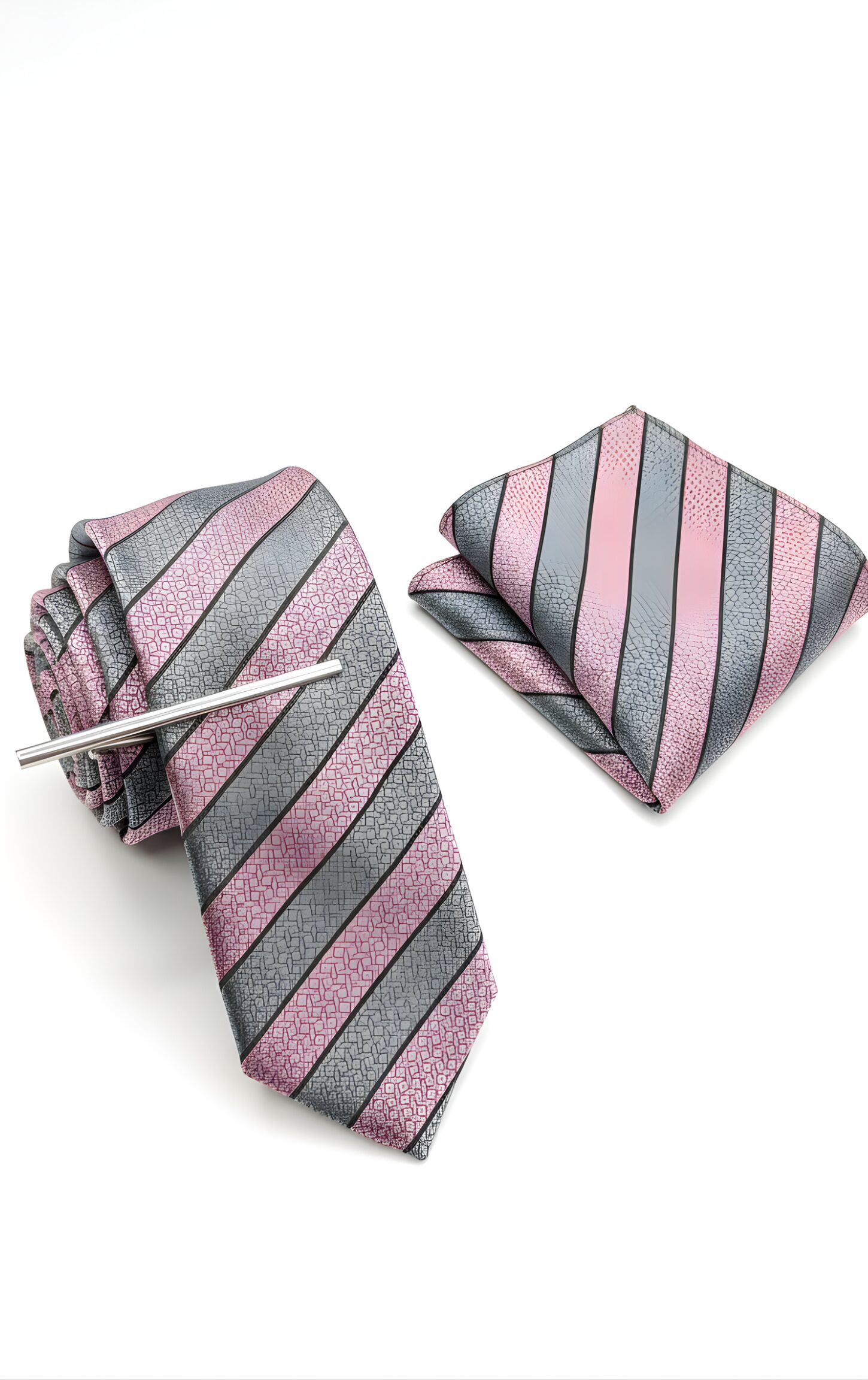 Rose Pink and Grey Stripe Tie Set - Image 3
