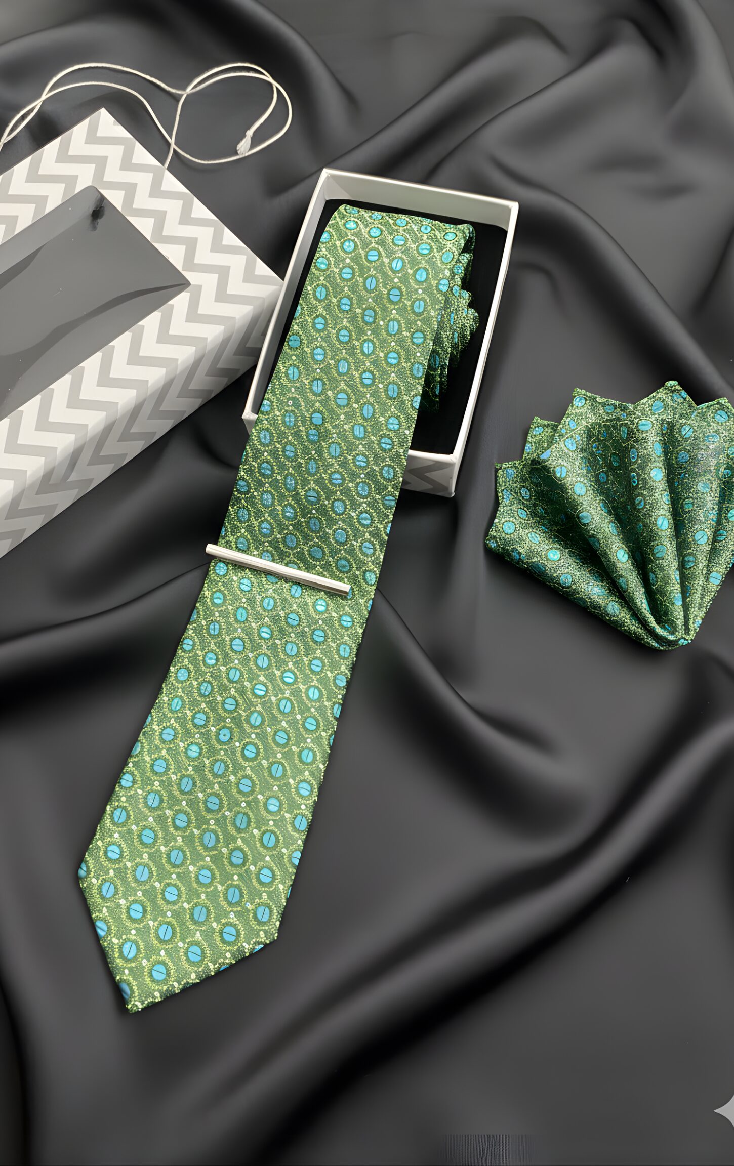Olive Green and Blue Geometric Tie Set - Image 3
