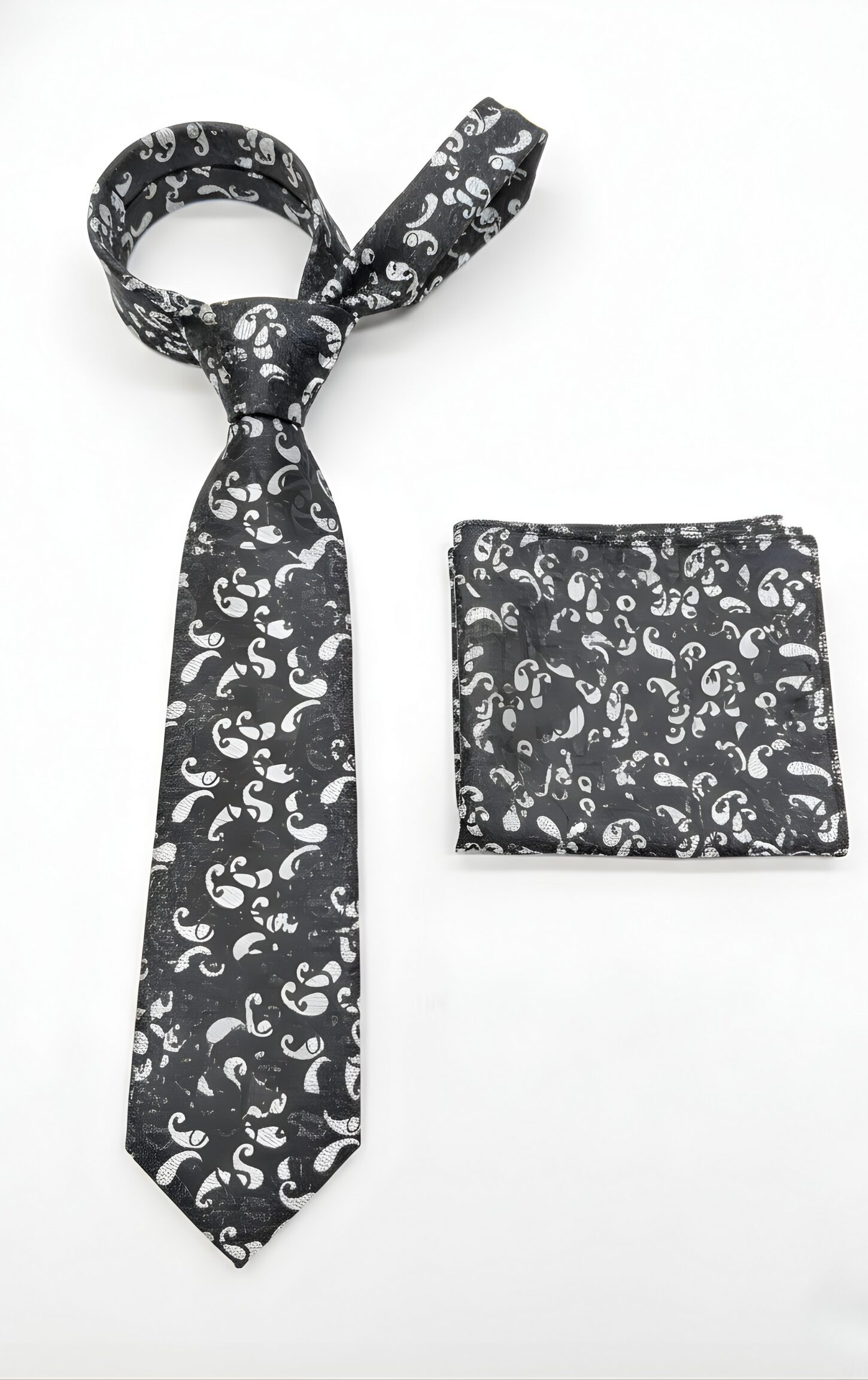 Elegant Black & Silver Paisley Tie Set - Image 3