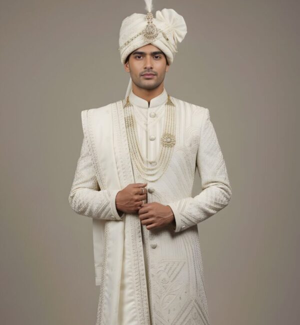 Majestic Heritage Ivory Sherwani with Elephant & Royal Motif Embroidery