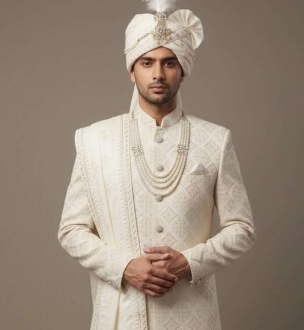 Exquisite Champagne Gold Diamond-Pattern Sherwani Set