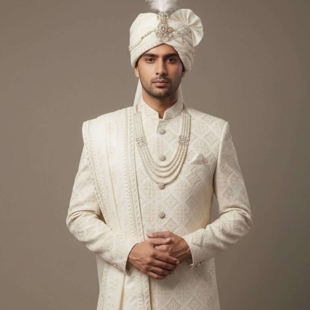 Exquisite Champagne Gold Diamond-Pattern Sherwani Set