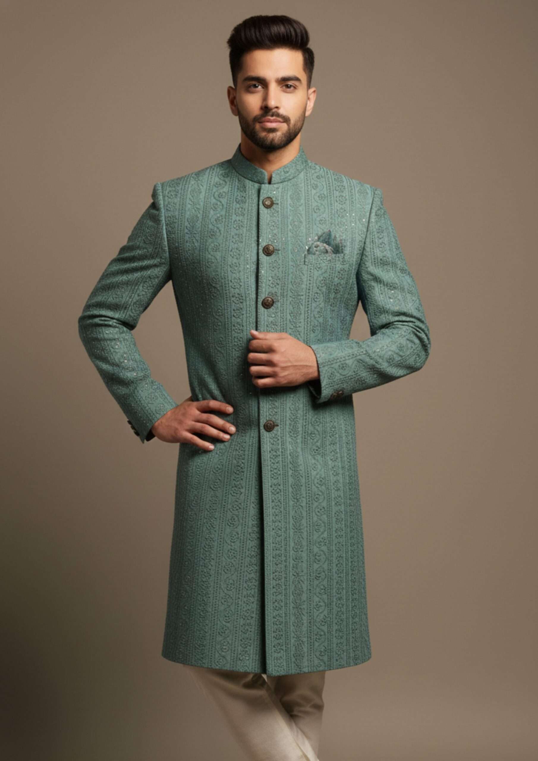 Majestic Sea-Green Vertical Vine-Embroidered Indo-Western - Image 2