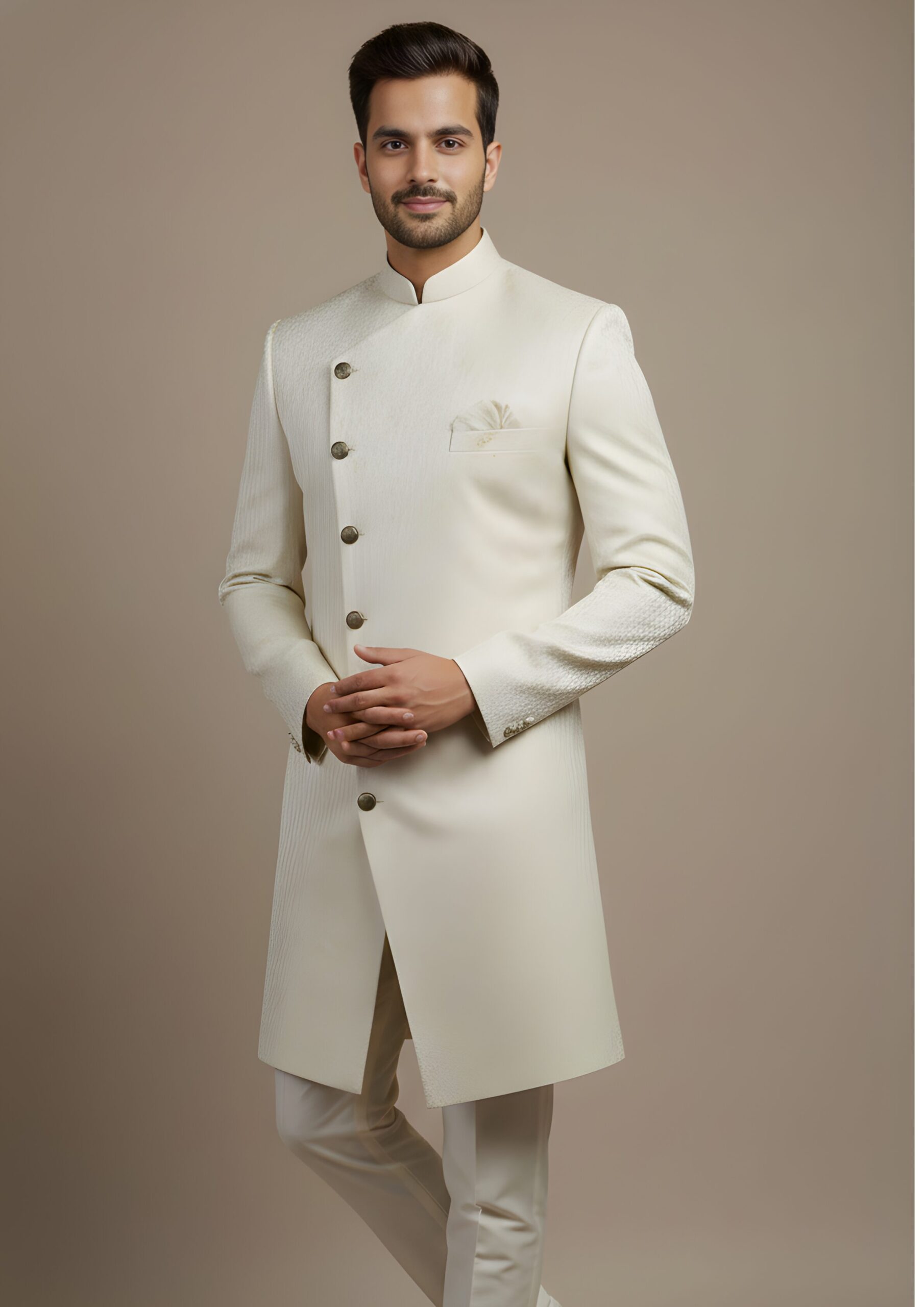 Majestic Ivory Floral-Jacquard Asymmetric Indo-Western - Image 3