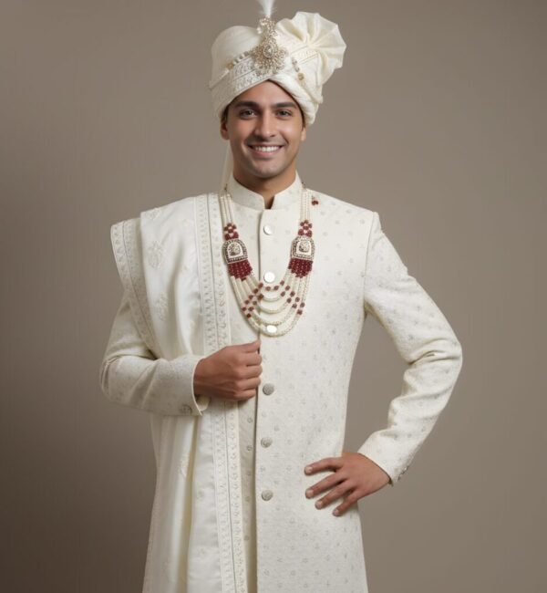 Premium Off-White Embroidered Groom’s Sherwani Set
