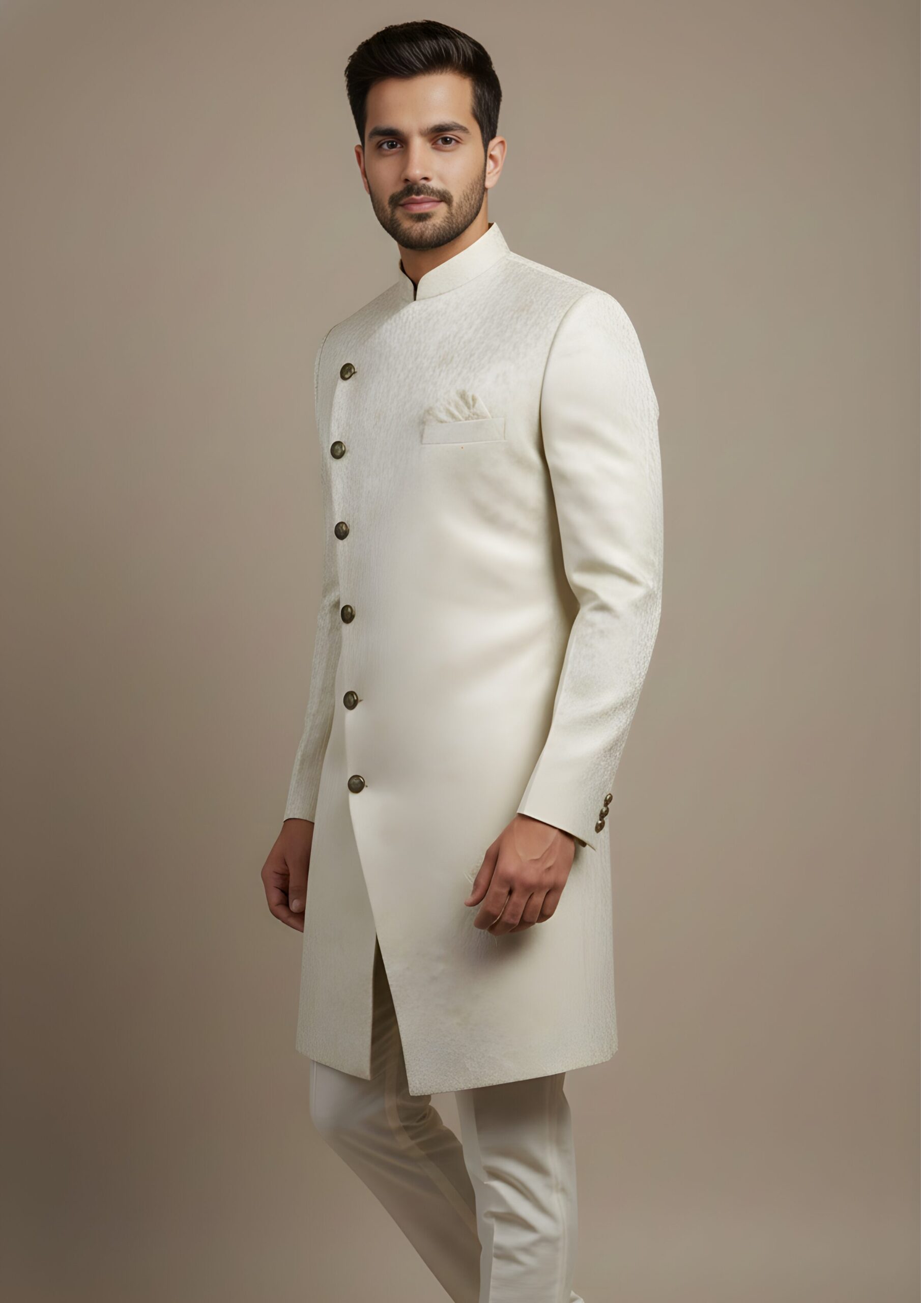 Majestic Ivory Floral-Jacquard Asymmetric Indo-Western - Image 4